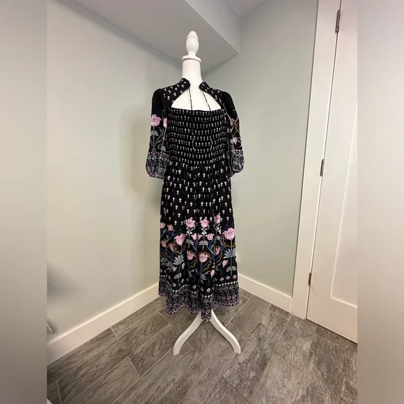 Anthropologie Dasha Smocked Midi Floral Tie Bohemian Dress Size Large - Picture 5 of 17